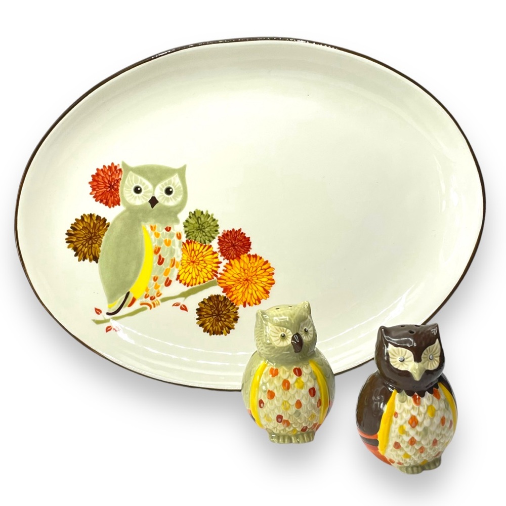 Owl Design Serveware Set - Cream and Brown